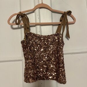 Free People Brown Sequin Tie-Shoulder Crop Top